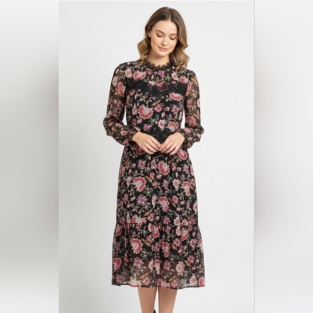 Loft Dress Black Pink Floral Boho Whimsigoth Midi Cottagecore 14